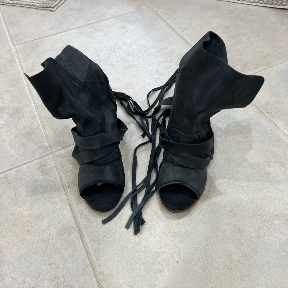 Free People Seven Wonders Leather Ankle Boots Open Toe Booties / Dark Charcoal - Picture 7 of 13